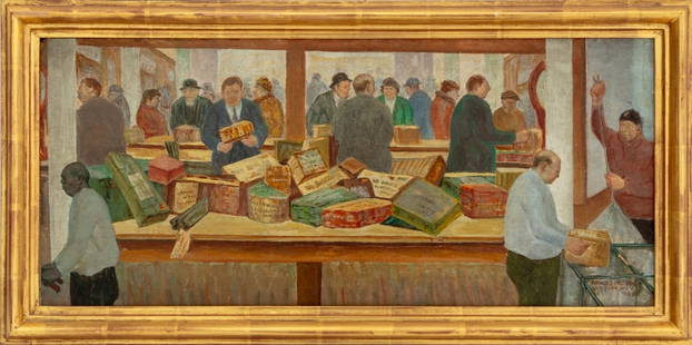 Arnold Friedman "Parcel Post Window" Oil on Panel: Arnold Aaron Friedman (American, 1874-1946), "Parcel Post Window", Oil on Wood Panel, 1935, signed, dated, and inscribed "New York P.O. STA. Y" lower left, Hirschl & Adler Galleries, Inc. label to ver