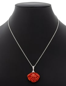 18K White Gold Coral Diamond Pendant Necklace