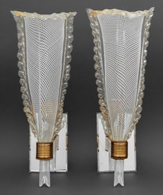 Italian Latticino Glass Wall Sconces, Pair