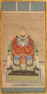 Chinese Ancestral Portrait of Enthroned Noblewoman: Chinese Ancestral Portrait of Enthroned Noblewoman, Gouache on Linen Mounted on Paper, circa 1900, depicting crowned and dressed female ancestor in headdress and dragon robes, giltwood faux bamboo fra