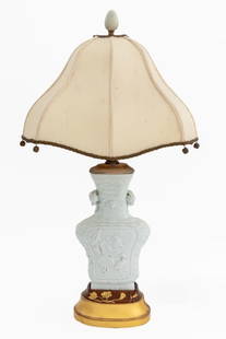 Chinese Blanc de Chine Vase Mounted as Lamp: Chinese Blanc de Chine Vase Mounted as a Lamp, with pomegranate appliques to the neck and floral and swan motif to center, mounted on giltwood base. Overall: 21" H x 11.25" W x 7.75" D. Provenance: Fr