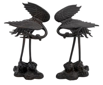 Japanese Heron Patinated Bronze Sculptures, Pair