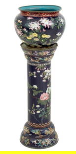Japanese Cloisonne Jardiniere on Stand: Japanese Cloisonne Jardiniere on Stand, the stand with cherry blossom motif and jardiniere with chrysanthemum decoration. Overall: 40.5" H x 14" Diameter. Provenance: From a Palm Beach Collection. Key