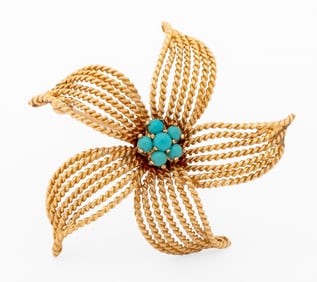 14K Yellow Gold Turquoise Floral Brooch