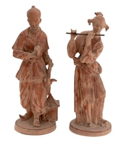 Chinoiserie Painted Bisque Porcelain Figures, Pair