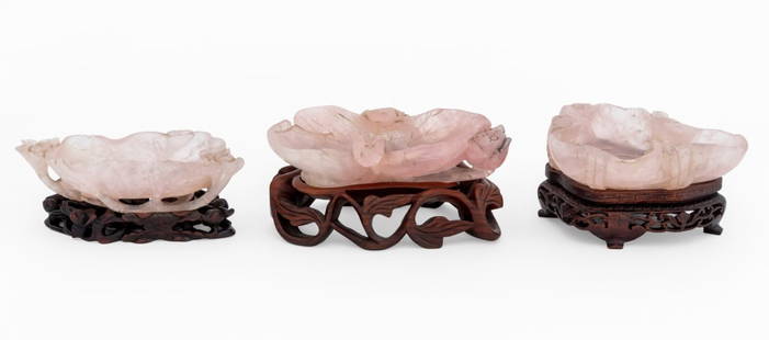 Chinese Carved Pink Rock Crystal Brush Washers, 3: Group of Three Chinese Carved Pink Rock Crystal Brush Washers, each with carved pierced hardwood stand. Largest overall: 2.5" H x 5.5" W x 3.5" D. Provenance: From an East 72nd Street Estate. Keywords