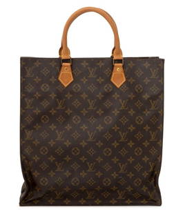 Louis Vuitton Monogrammed Leather Tote Bag: Louis Vuitton Monogrammed Leather Tote Bag, with tan leather trim, brass hardware marked "Louis Vuitton", with tan leather tag "LOUIS VUITTON / PARIS / made in france" to interior. 19" H x 14.25" W x