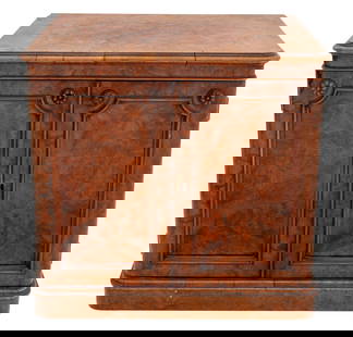 Victorian Burr Walnut Table Cabinet: Victorian Burr Walnut Table Cabinet, with two doors opening to reveal interior fitted with five slides. 18.25" H x 19" W x 12" D. Provenance: Michael Lipitch Ltd., London. From a Palm Beach Collection