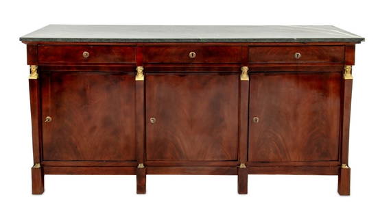 French Empire Green Marble Top Mahogany Buffet: French Empire Green Marble Top Mahogany Buffet, 19th century, three drawers above three cabinets, each with single interior shelf, with brass caryatid column design on eight block feet. 39" H x 77" W