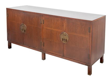 Baker Banded Walnut and Brass Sideboard: Baker Banded Walnut and Brass Sideboard, Chinese Chippendale style, with four doors, the left side with one drawer and the right with four slide drawers. 32.25" H x 72" W x 20" D. Provenance: From a 5