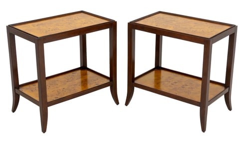 Burr Walnut & Ebonized 2-Tier Side Tables, Pair