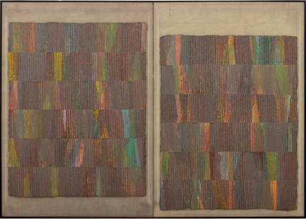 Philip Edward Mullen "Burnt Steel" Diptych, 1979: Philip Edward Mullen (American, b. 1942) "Burnt Steel" Diptych, Mixed Media on Canvas, 1979, signed, titled, and dated with David Findlay Galleries label to verso, silver-tone metal frame. Image: 60.5