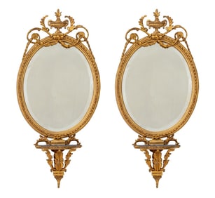 Giltwood Circular Mirrors with Display Stands, Pr.