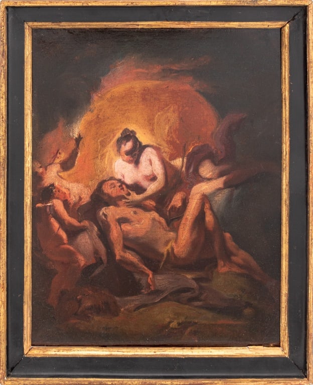 Claude Gillot Attr. Diana & Endymion Oil on Canvas: Claude Gillot (French,1673-1722) Attributed, Diana and Endymion, Oil on Canvas, depicting the goddess gazing at the face of a sleeping mortal, ebonized and giltwood frame. Image: 15.5" H x 12.25" W; f