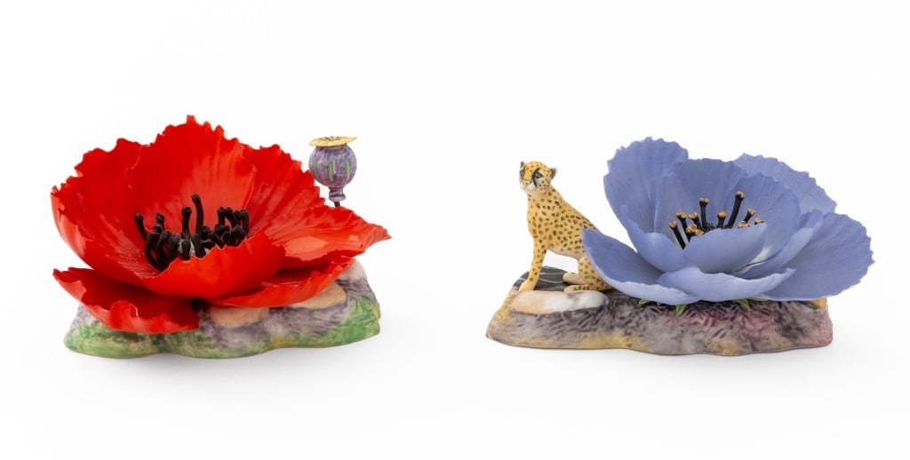 Fleur Cowles x Border Finesse Porcelain Poppies, 2: Collection of Two Fleur Cowles for Border Fine Arts Finesse Porcelain Poppies, 1987, comprising: purple poppy with seated leopard and red poppy with flower bud, each marked "The Imagined World / of /