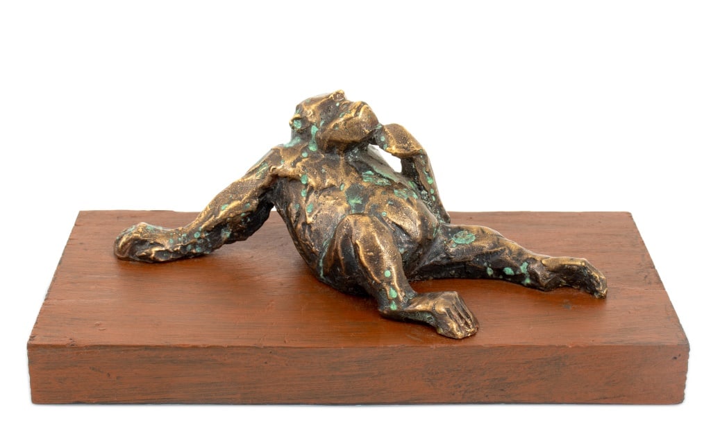 Reclining Chimpanzee Gilt Bronze Sculpture: Reclining Chimpanzee Gilt Bronze Sculpture, patinated, apparently unsigned, mounted on wood base. Overall: 3" H x 7.25" W x 3.5" D. Provenance: From a New York City Collection. Keywords: Statue, Vinta