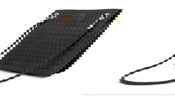 Bottega Veneta Intrecciato Black Leather Handbag: Bottega Veneta Intrecciato Black Leather Handbag, with two shoulder straps, gold-tone metal hardware, tan leather lining with central zipper pocket, two compartments on each side, one with additional