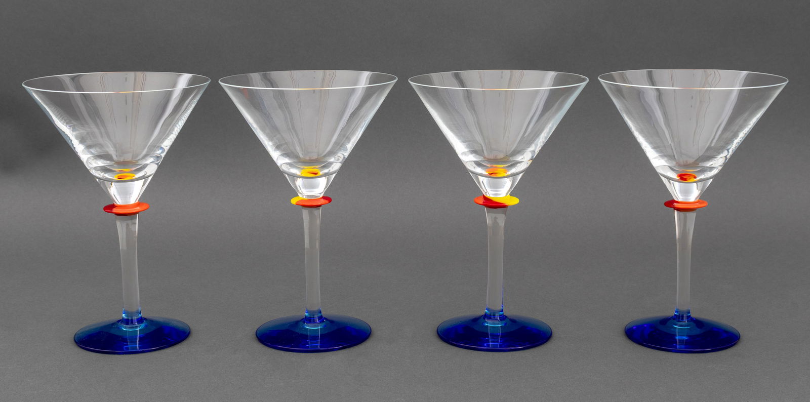 Erika Lagerbielke x Orrefors "Pepperoni" Glass, 4: Set of Four Erika Lagerbielke for Orrefors "Pepperoni" Martini Glasses, marked to underside. 6.75" H 4.5" Diameter. Provenance: From a New York City Collection. Keywords: Tableware, Barware, Stemware,
