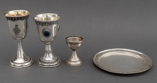 Israeli Modern Sterling Kiddush Cups and Plate, 4