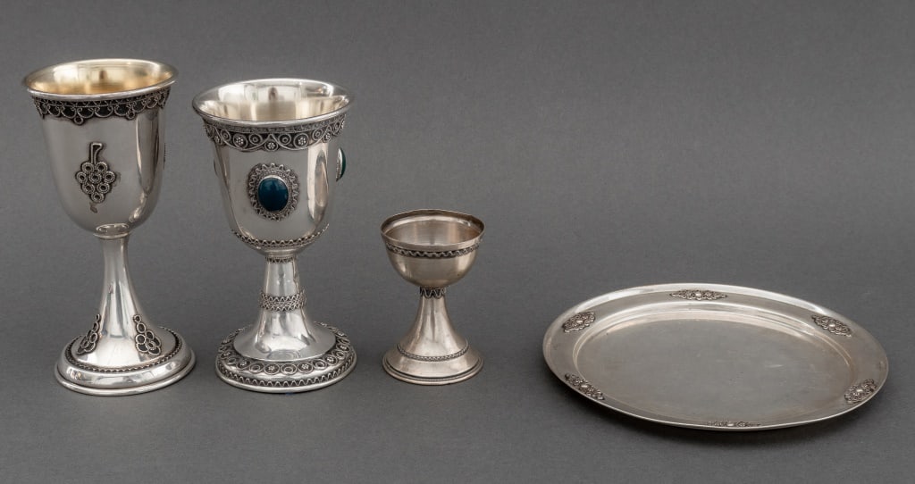 Israeli Modern Sterling Kiddush Cups and Plate, 4 (1 of 15)