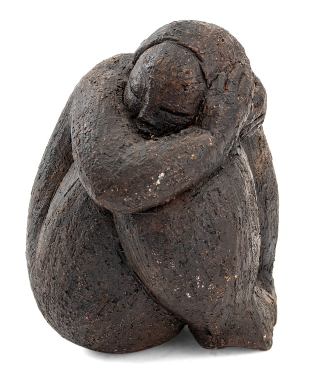 Max Siffredi Seated Female Nude Ceramic Sculpture: Max Siffredi (French, 1941-2013) Seated Female Nude Ceramic Sculpture, signed to right leg. 7.5" H x 6.5" W x 5.25" D. Provenance: From a New York City Collection. Keywords: Statues, Pottery, Figural,