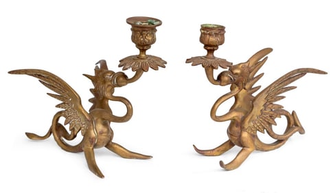Cast Brass Wyvern Candlesticks, Pair