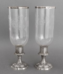 Etched Glass and Silvered Metal Hurricanes, Pair