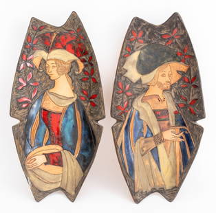 Federigo Fabbrini Figural Ceramic Plates, Pair: Pair of Federigo Fabbrini (Italian, 1928-2007) Figural Polychrome Glazed Stoneware Ceramic Plates, depicting a gentleman and a lady in the Renaissance manner, each signed to reverse. 18" H x 9" W x 3"