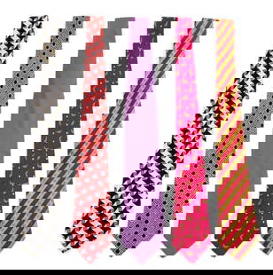 Hermes Silk Ties, 5: Collection of Five Hermes Silk Ties, comprising: iridescent purple, blue polka dots on red ground, gold and yellow stripes with panda bear pattern, black and white star pattern, and seal pattern on ma