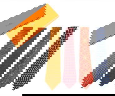 Hermes Silk Ties, 4: Group of Four Hermes Silk Ties, each labeled "Hermes / Paris" and "Made in France", one in original box. 56.5" L. Provenance: From a New York City Collection. Keywords: Men's Fashion, Menswear, Access