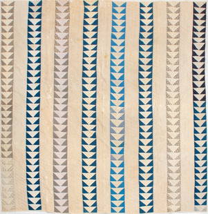 Vintage Blue & White Triangle Pattern Quilt: Vintage Blue and White Triangle Pattern. 83" H x 79" W. Provenance: From a New York City Collection. Keywords: Textiles, Blankets, Needlework, Embroidery, Embroidered, Geometric, Decorative Arts