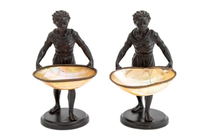 French Figural Spelter & Shell Bonbon Dishes, Pair