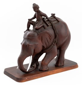 Burmese Carved Teak Elephant and Mahout Sculpture