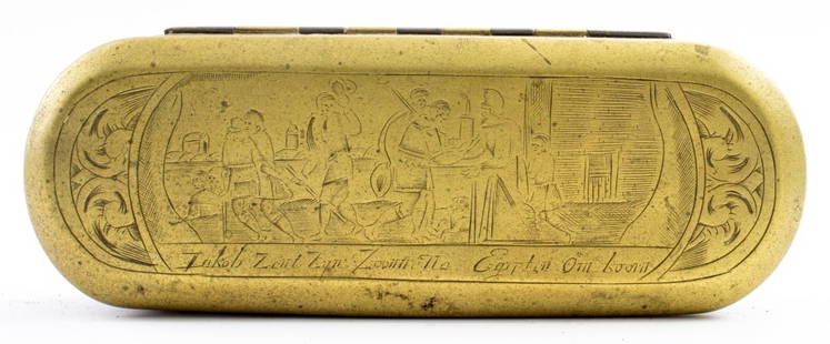 Dutch Engraved Brass & Copper Snuff Box, ca. 1800: Dutch Engraved Brass and Copper Tobacco Snuff Box, 18th or 19th century, of oblong ovular form, decorated with scenes of soldiers, the copper sides with scrolling motif. 1.5" H x 6.25" W x 2.25" D. Pr