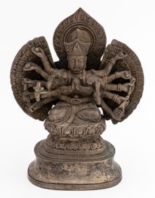 Chinese Silvered Metal 18-Arm Guanyin Sculpture