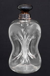 Edwardian Sterling Silver & Glass Dimple Decanter: Edwardian Sterling Silver and Glass Dimple Decanter, early 20th century, with an associated stopper, marked "Sterling / 16/4 pts" the collar marked "Birmingham 1907" and "RD No. 420717". 10" H x 4" W