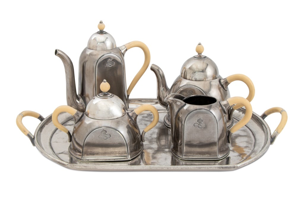 English Pewter Tea and Coffee Set, 5 Pcs.: English Pewter Tea and Coffee Set, 19th century, with bone handles and finials, comprising: coffee pot, tea pot, covered two-handled sugar, creamer and two-handled tray, each marked to base and with c