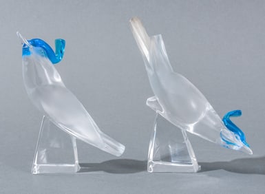Lalique "Pilmico" Blue & Frosted Glass Birds, 2