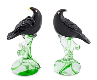 Art Glass Crow Sculptures, Pair