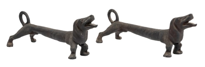 Cast Iron Dachshund Firedog Andirons, Pair
