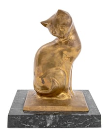 Mid-Century Modern Brass Cat on Marble Base