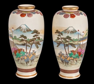 Japanese Satsuma Ovoid Porcelain Vases, Pair