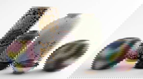 Contemporary Asian Studio Ceramic Vessels, 6: Grouping of Contemporary Asian Studio Ceramic Vessels, including: a signed small fluted vase, a larger signed vase with incised wave design and flattened sides, a small water dropper in dark brown gla