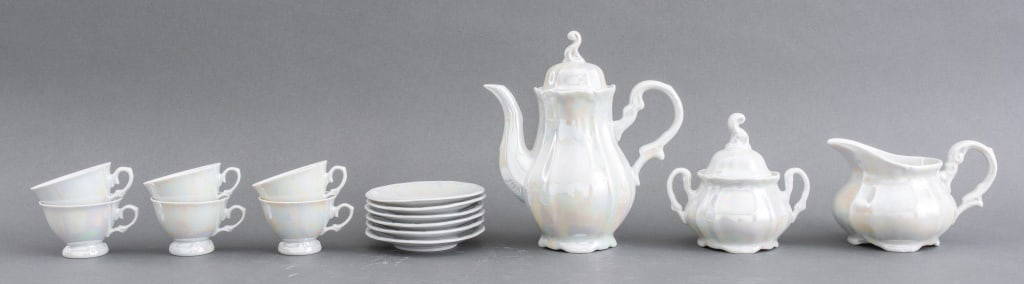 Celia Portuguese Lusterware Tea Set for 6: Celia "Rio" Portuguese Opalescent Lusterware Tea Service Set for Six, marked "Celia / pintura a mao / Rio", comprising: six tea cups, six saucers, one teapot, sugar bowl, and creamer. 15 pieces total.