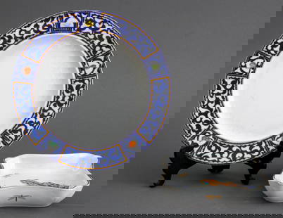 Salvatore Ferragamo Vide Poche & Bvlgari Plate: Salvatore Ferragamo Porcelain Vide Poche, with frog and dragonflies motif together with a Rosenthal for Bvlgari porcelain plate with blue and gilt rim, each marked to underside. Larger: 9" Diameter. P