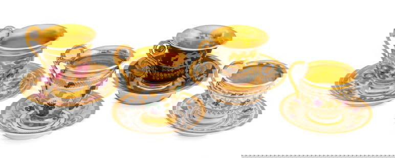 European Assembled Porcelain Tea Set for 4: Assembled Gilt and Hand-Painted European Porcelain Tea Service Set for Four, comprising: German teacup and saucer in green with gilt porpoise and swan decoration, marked to the underside and (3) Paris
