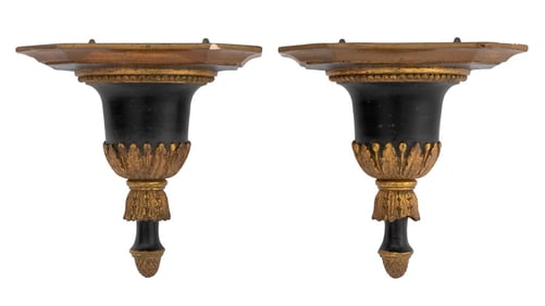 Neoclassical Style Gilt & Ebonized Shelves, Pair