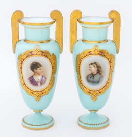 Victorian Blue Glass Portrait Vases, Pair
