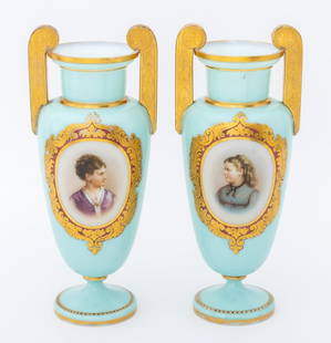 Victorian Blue Glass Portrait Vases, Pair: Pair of Victorian Light Blue Glass Portrait Vases, 19th century, with stylized gilt plaster scroll form handles, two painted female portraits in central gilt scroll form medallion, marked "I" to the u