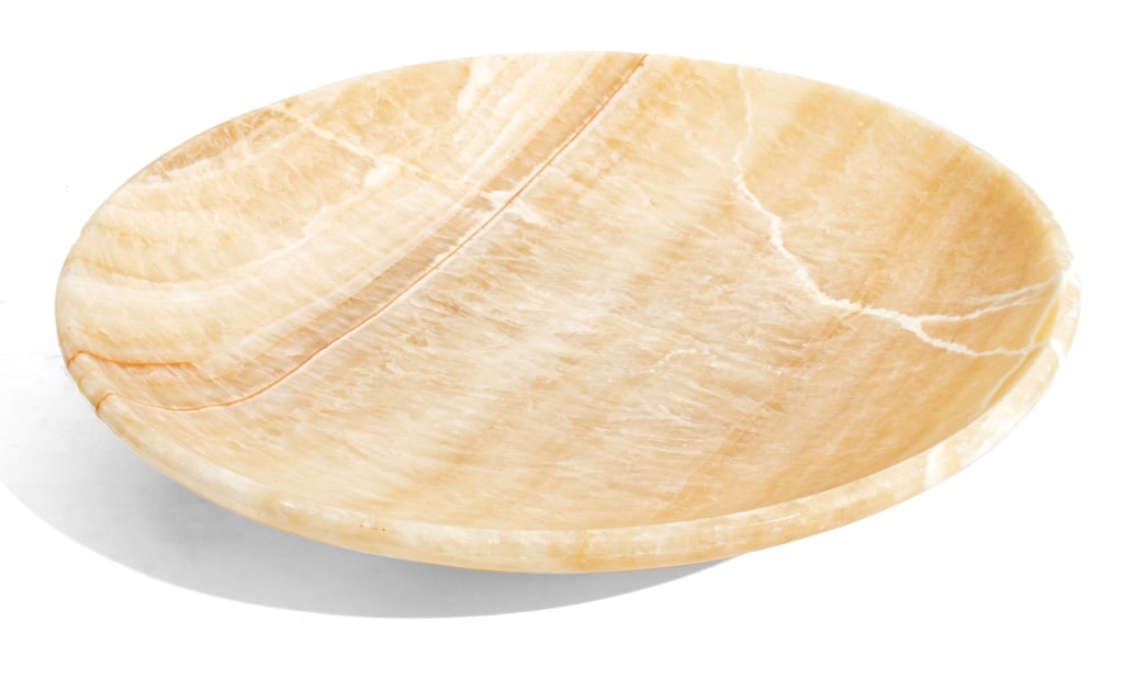 Calcite Crystal Charger: Calcite Crystal Charger. 15.75" Diameter. Provenance: From a New York City Collection Keywords: Plate, Bowl, Banded, Mineral Specimen, Centerpiece, Interior decor, Decorative Arts
